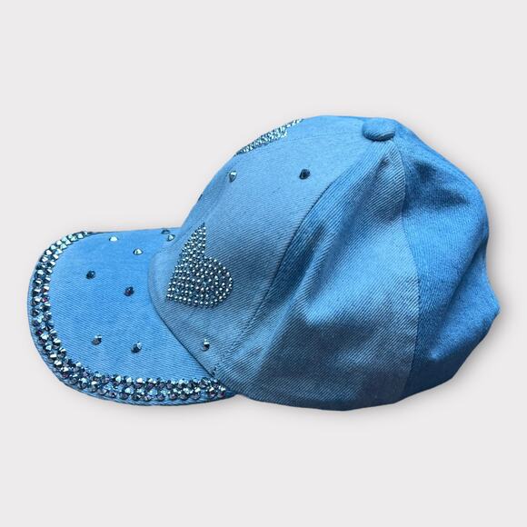 Baseball Denim Adjustable Cap | Double Rhinestone Hearts Design Blue/Silver - Picture 2 of 5